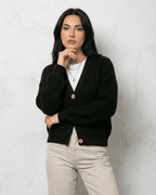 Noir Cardigan by Lauven – Stylish black knitwear with a V-neck and button detail, perfect for fall and winter.