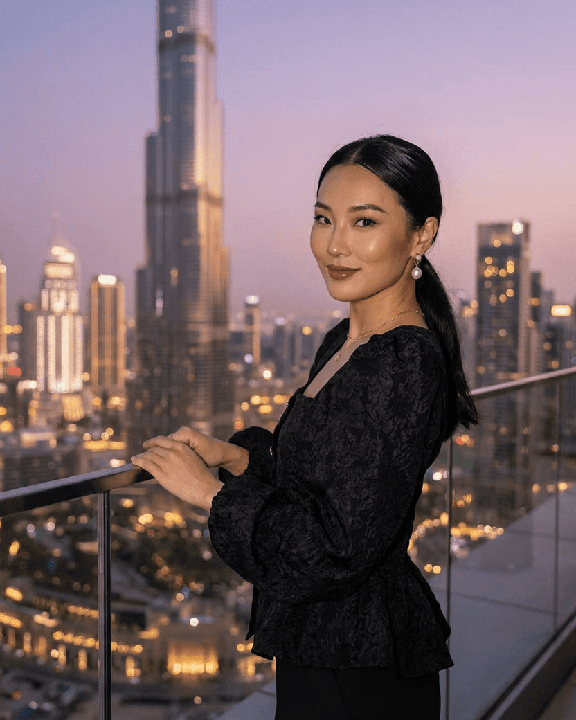 Model showcasing the Noir Corset Top by Lauven against a stunning skyline backdrop, highlighting its elegant design.