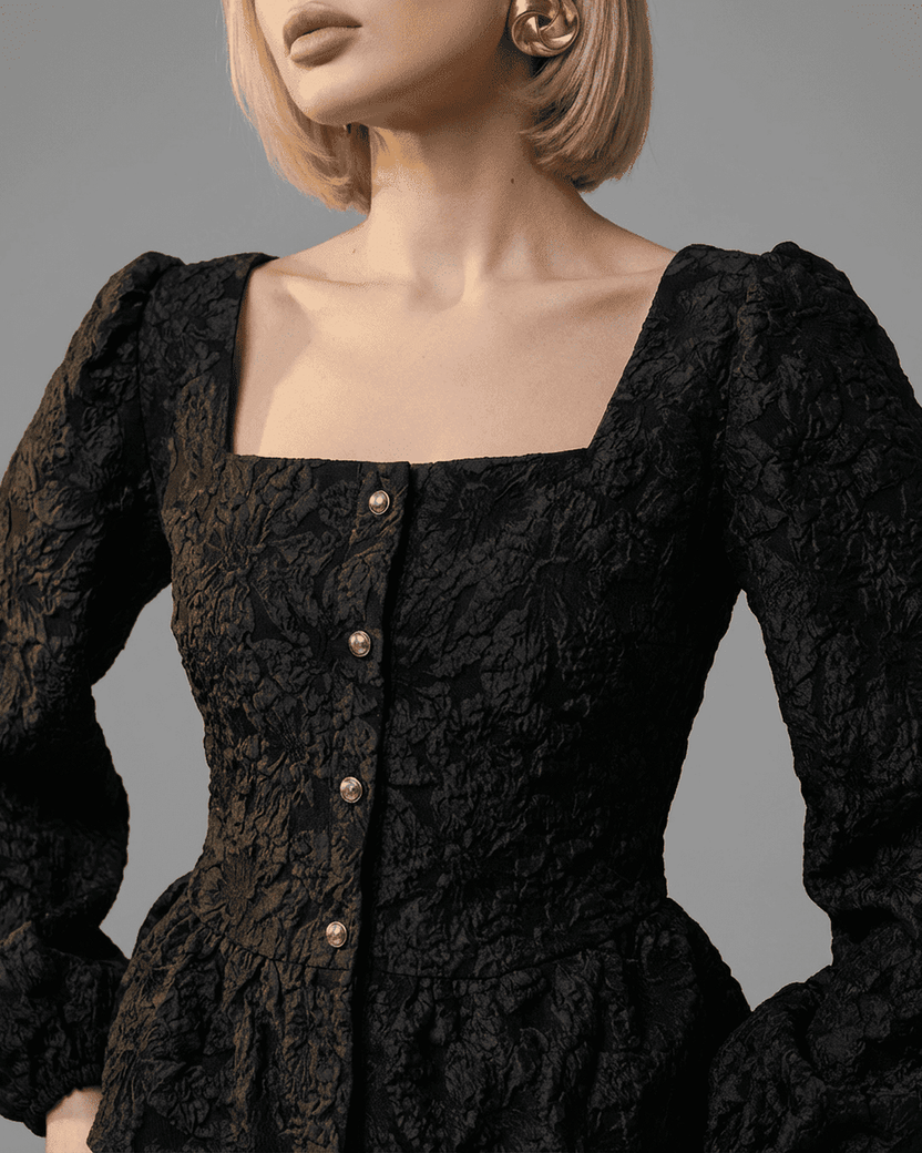 Noir Corset Top by Lauven featuring jacquard square neck and puff sleeves in black.