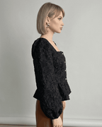Noir Corset Top by Lauven - Jacquard blouse with puff sleeves and square neckline, showcasing fine craftsmanship.