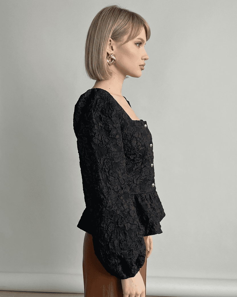 Noir Corset Top by Lauven - Jacquard blouse with puff sleeves and square neckline, showcasing fine craftsmanship.