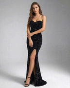 Noir Maxi Dress by Lauven - Black sequin strapless dress with elegant silhouette and side slit.