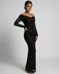 Noir Maxi Dress by Lauven, elegant off-the-shoulder mesh gown with sequins, perfect for evening wear.