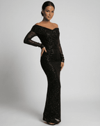 Noir Maxi Dress by Lauven, elegant off-the-shoulder mesh gown with sequins, perfect for evening wear.