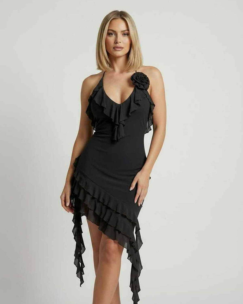 Lauven Noir Mini Dress featuring ruffle detail and asymmetrical hemline in classic black, perfect for elegant evenings.
