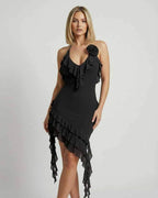Noir Mini Dress by Lauven featuring ruffle detail and halter neckline in classic black.