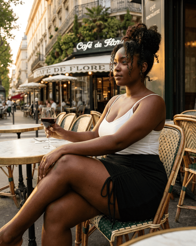 Woman enjoying a drink in Paris wearing a Noir Mini Skirt from Lauven, highlighting its high-waisted, bodycon silhouette.