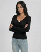 Noir Pullover by Lauven - Women’s slim fit V-neck long sleeve pullover with button detail in black.