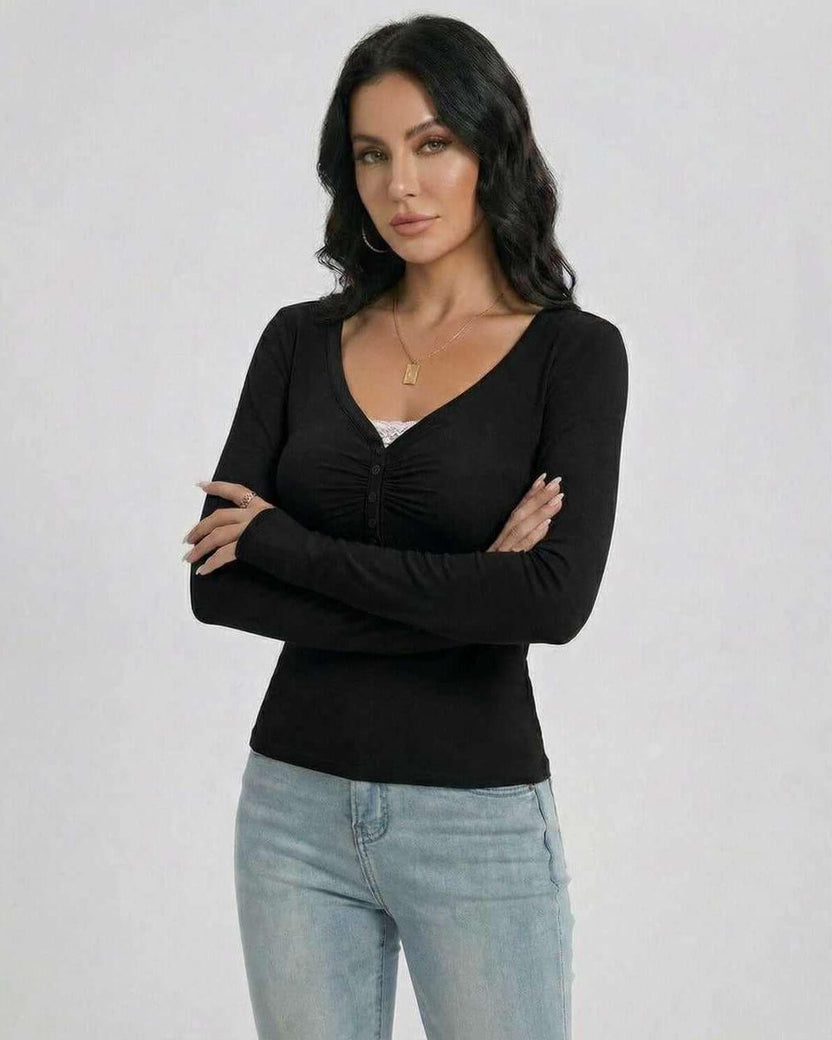 Noir Pullover by Lauven - Women’s slim fit V-neck long sleeve pullover with button detail in black.