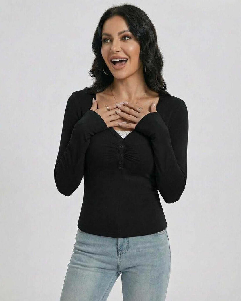 Lauven Noir Pullover women’s slim fit V-neck long sleeve with button detail, refined minimalist style