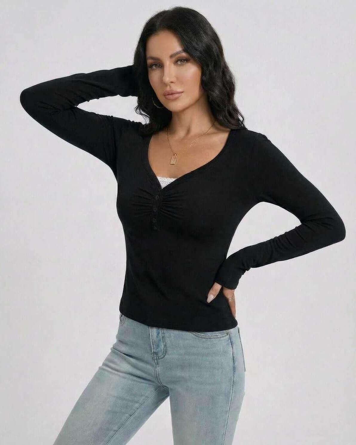 Noir Pullover by Lauven – Women’s Slim Fit V-Neck Long Sleeve Sweater with Button Detail