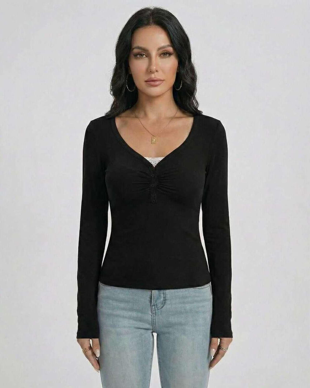 Noir Pullover by Lauven – Women’s Slim Fit V-Neck Long Sleeve Pullover with Button Detail