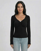Noir Pullover by Lauven – Women’s Slim Fit V-Neck Long Sleeve Pullover with Button Detail