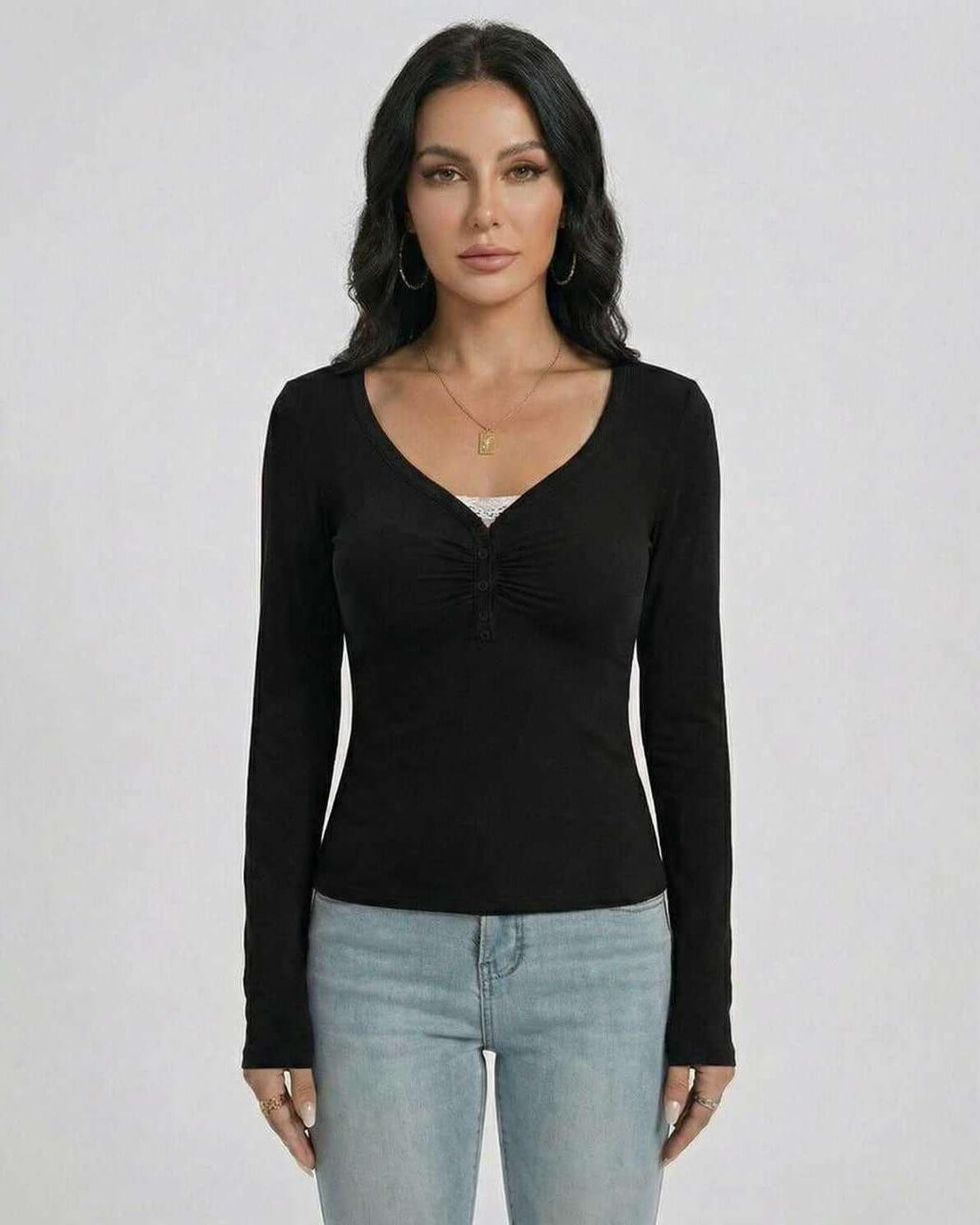 Noir Pullover by Lauven – Women’s Slim Fit V-Neck Long Sleeve Pullover with Button Detail