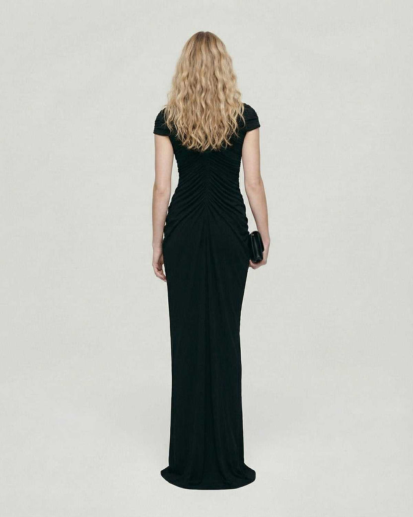 Noiré Maxi Dress by Lauven, showcasing the back view of a black evening maxi dress with ruched detail.