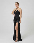 Lauven Noiré Maxi Dress featuring a sleek bodycon silhouette and high side slit for an elegant evening look.
