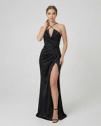 Lauven Noiré Maxi Dress featuring a sleek bodycon silhouette and high side slit, perfect for elegant evenings.