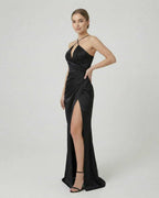 Noiré Maxi Dress by Lauven, showcasing a sleek bodycon silhouette with a high side slit and modern cami-style design.