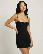 Noiré Mini Dress by Lauven - Black square neck bodycon mini dress with spaghetti straps and floral trim.
