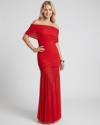 Noirline Maxi Dress in red, featuring off-shoulder neckline and ruched details, perfect for elegant occasions. Off-shoulder maxi dress by Lauven.