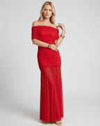 Lauven Noirline off-shoulder maxi dress featuring ruched bodice and flowing sheer skirt, perfect for elegant occasions.