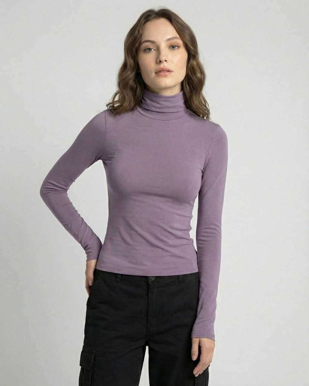 Nova Long Sleeve by Lauven – Women's lilac long sleeve top with high round neck and slim fit design.