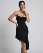 Nova Midi Dress by Lauven featuring an elegant asymmetrical design and slim fit, ideal for upscale events.