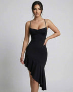 Nova Midi Dress from Lauven featuring an elegant asymmetrical hemline and sleek black design, perfect for evening events.