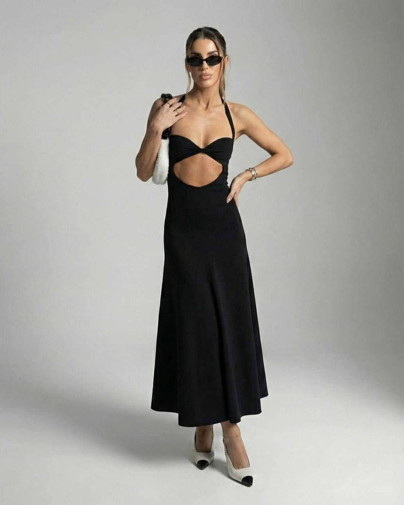 Nova Midi Dress by Lauven – Elegant cutout halter dress perfect for evening and club events.