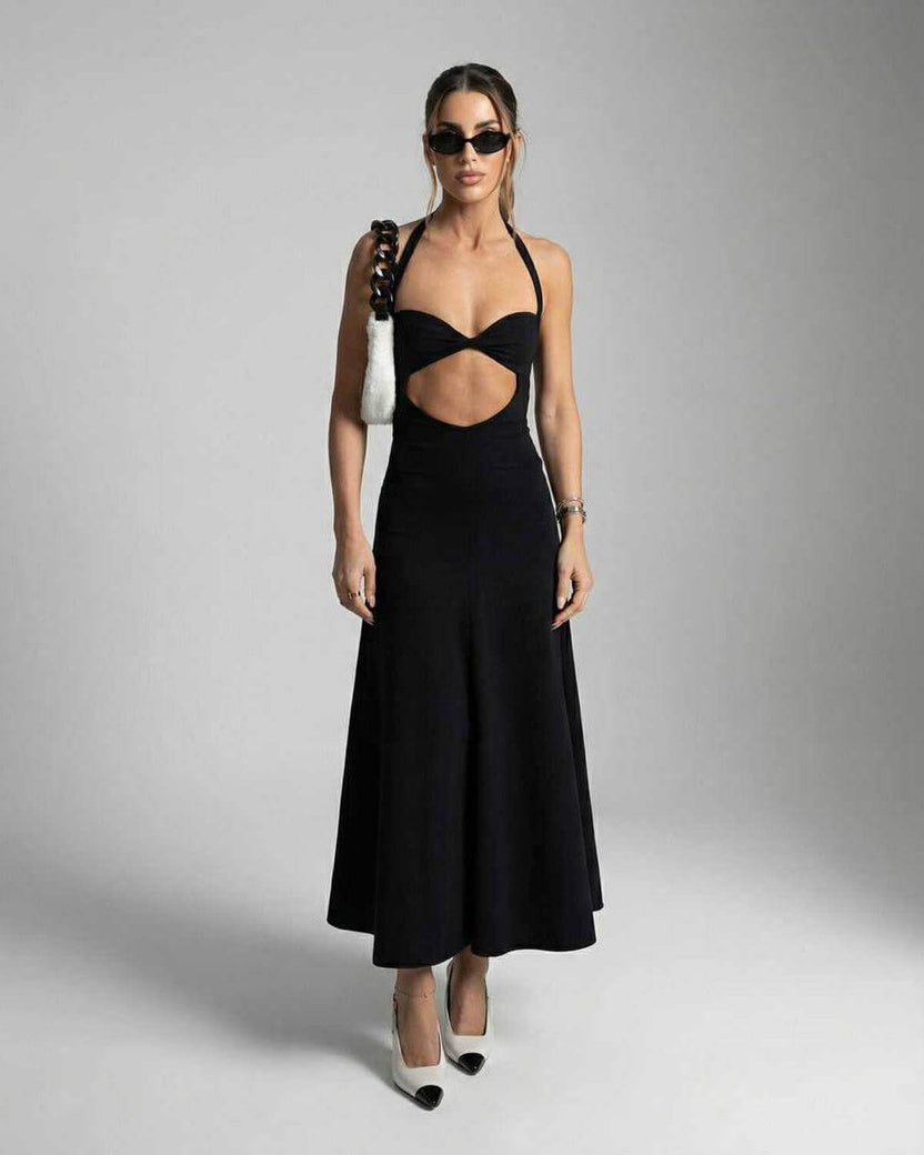 Nova Midi Dress by Lauven – Elegant halter dress with cutout for evening and club events.