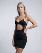 Nova Mini Dress by Lauven featuring cutout detail and spaghetti straps in black for a sexy evening look.