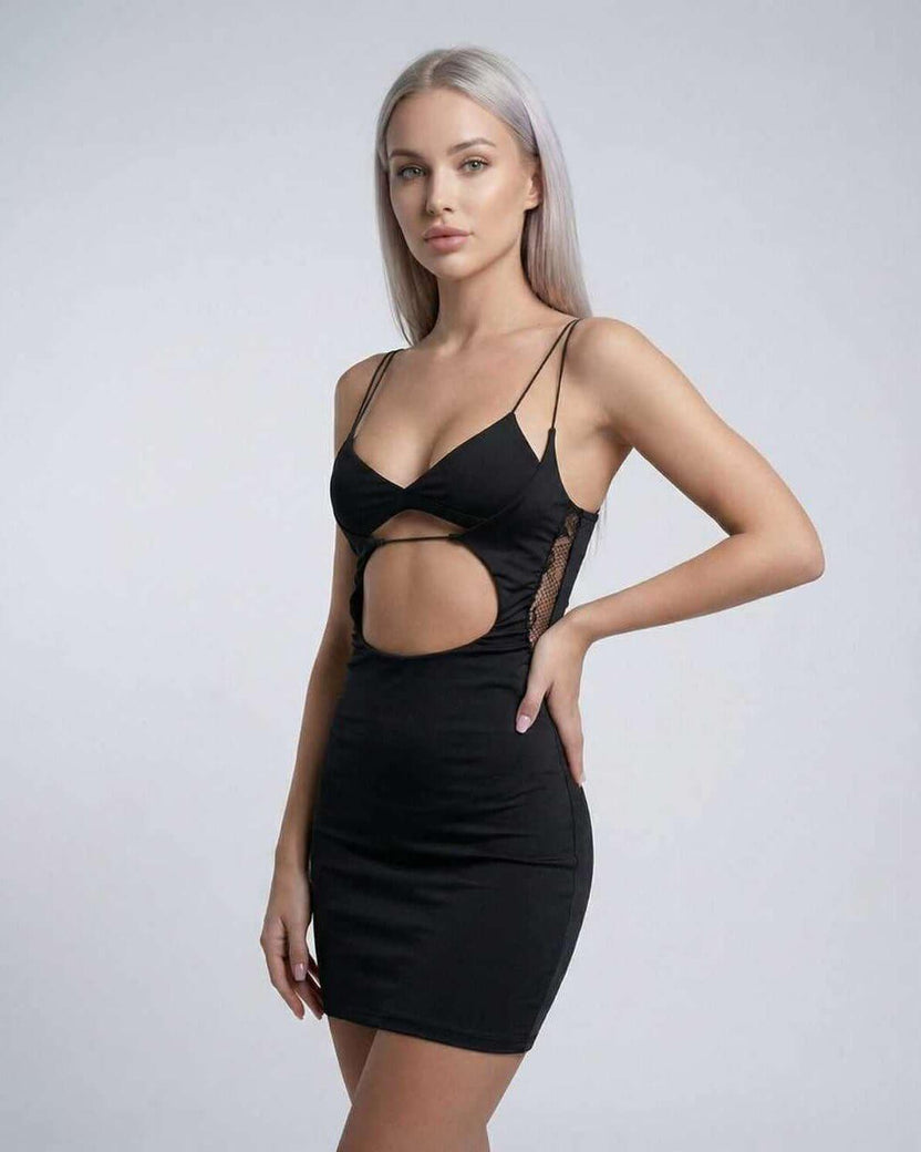 Nova Mini Dress by Lauven featuring cutout detail and spaghetti straps in black for a sexy evening look.