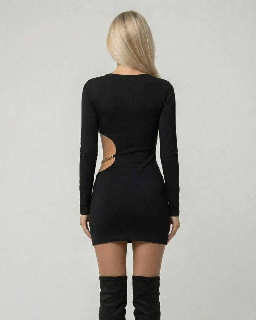 Back view of the Lauven Nova Mini Dress featuring a high-stretch black fabric and unique cut-out design.
