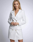 Nova Mini Dress by Lauven – Double-breasted V-neck blazer dress in white with long sleeves.