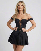 Nova Mini Dress by Lauven, featuring off-shoulder straps and a lace-up design in sleek black.