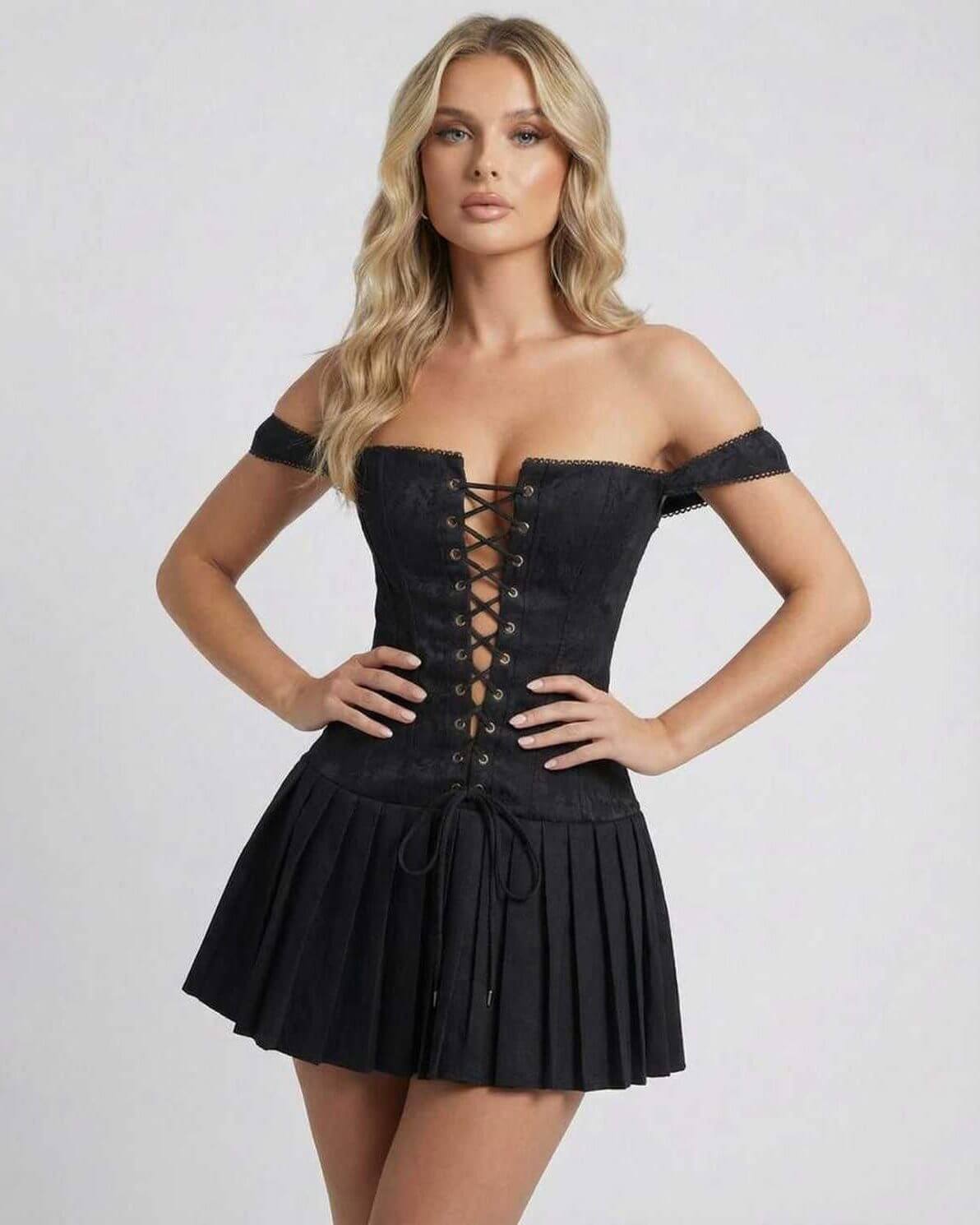 Nova Mini Dress by Lauven, featuring off-shoulder straps and a lace-up design in sleek black.