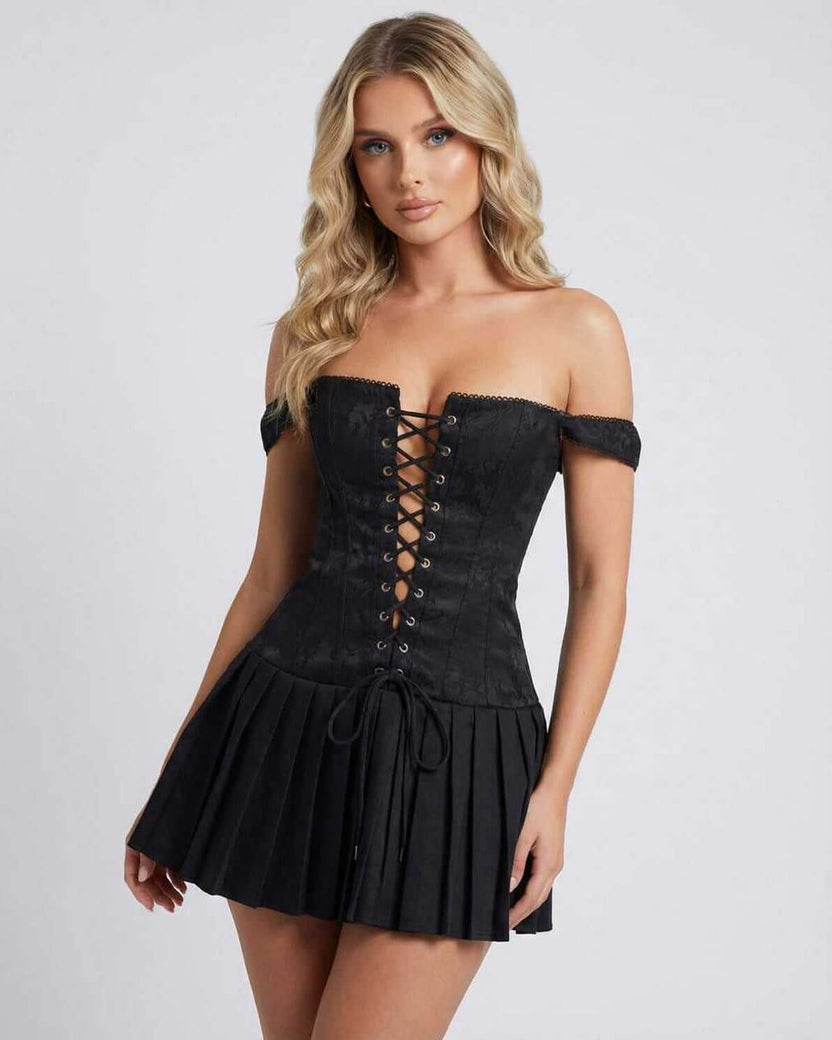 Nova Mini Dress by Lauven, a sleek off-shoulder clubwear in black, featuring a lace-up front and playful pleated skirt.