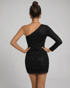 Nova Mini Dress by Lauven - Elegant one shoulder black glitter bodycon design from the back, showcasing a flattering silhouette.