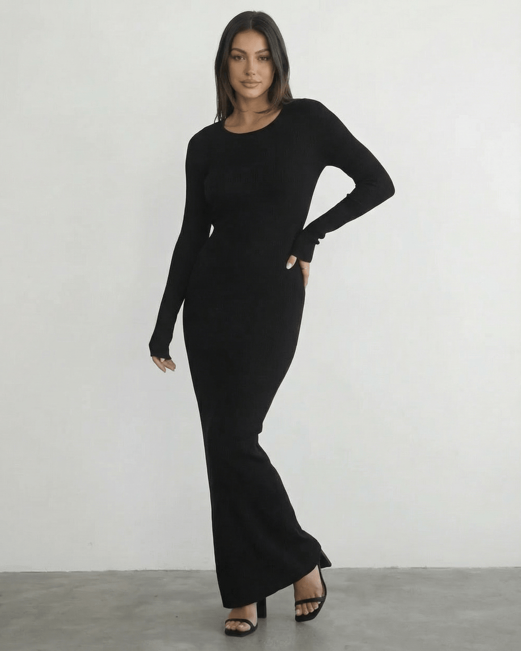 Nyx Maxi Dress by Lauven - Long sleeve black maxi dress with open back detail and sleek pencil silhouette.