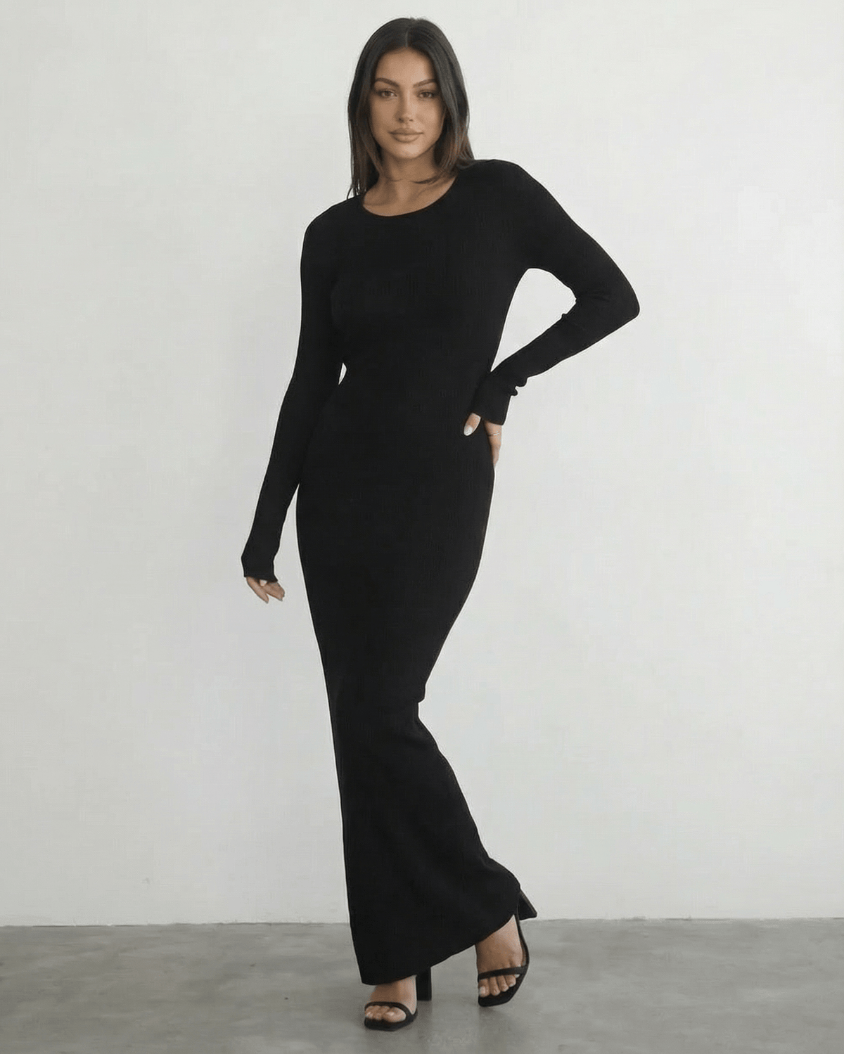Nyx Maxi Dress by Lauven - Long sleeve black maxi dress with open back detail and sleek pencil silhouette.