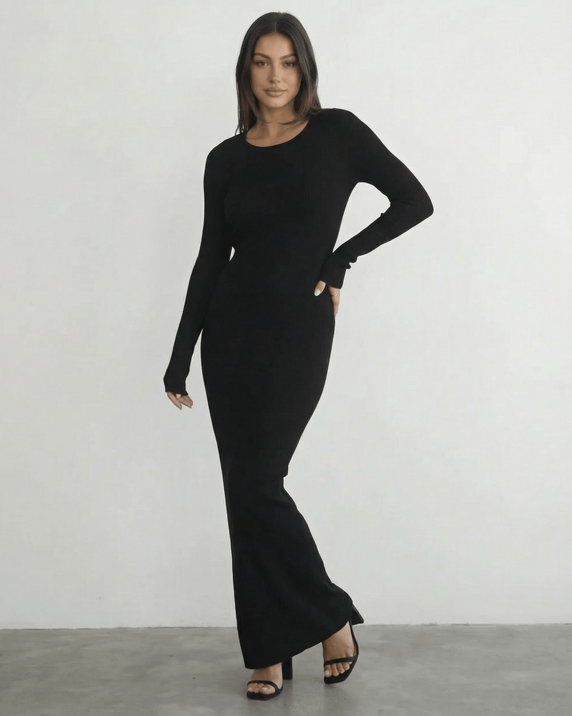 Nyx Maxi Dress by Lauven - Long sleeve black maxi dress with open back detail and sleek pencil silhouette.