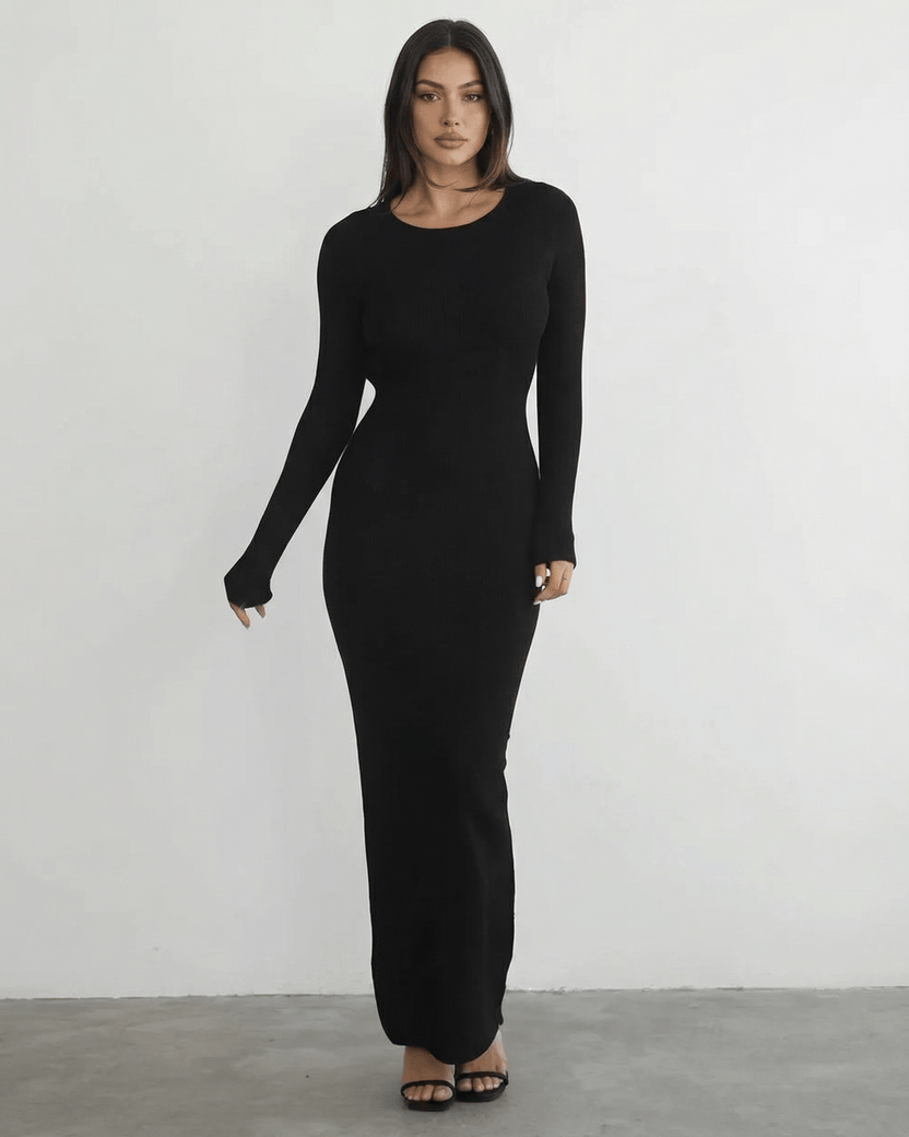 Nyx Maxi Dress by Lauven featuring a long sleeve black design and sleek pencil silhouette.
