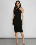 Nyxara Midi Dress by Lauven showcasing a black X-Front Halter Neck Bodycon silhouette, perfect for special occasions.