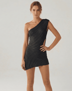 Obsidian Mini Dress by Lauven, sleek black one-shoulder sheath showcasing an asymmetrical hemline.