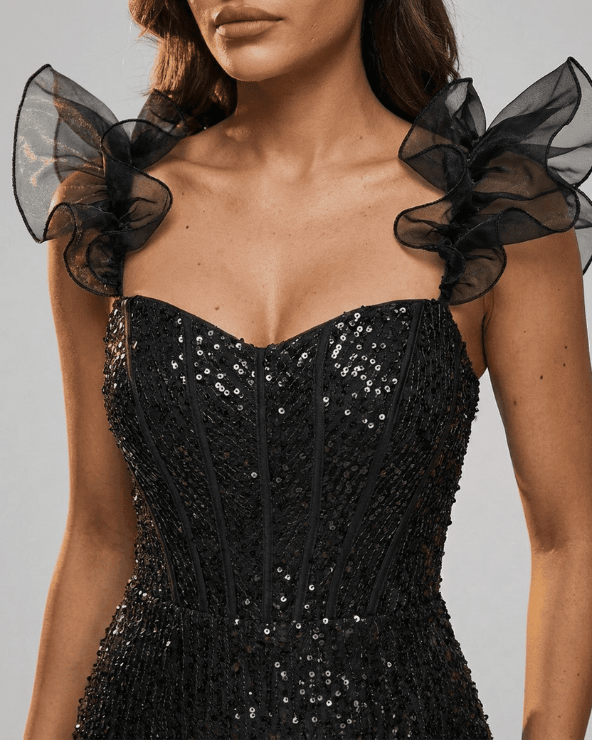 Obsidian Mini Dress by Lauven featuring black sequin off-the-shoulder design and ruffle sleeves.