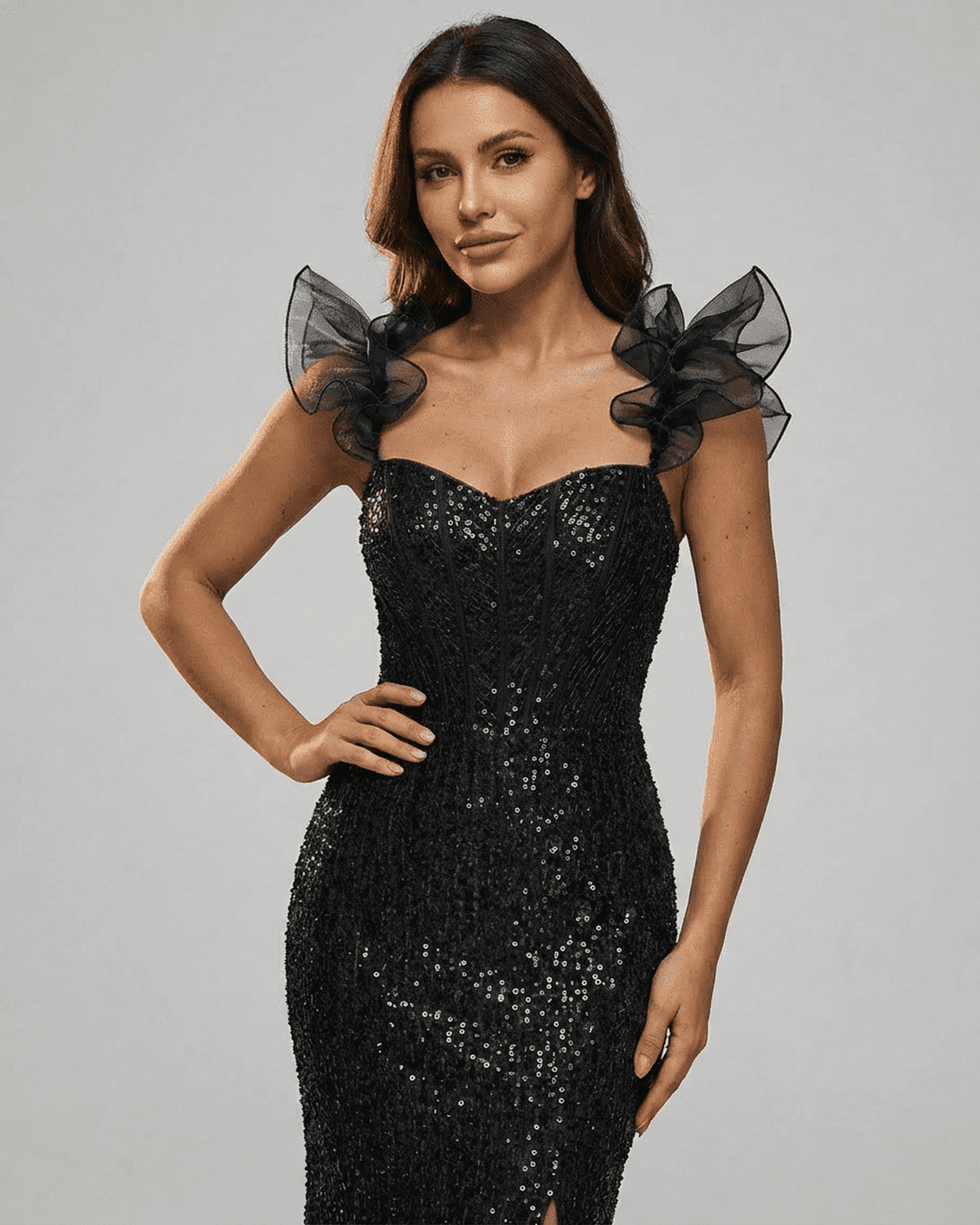 Obsidian Mini Dress by Lauven - Black Sequin Off-The-Shoulder Bodycon with Ruffle Sleeves