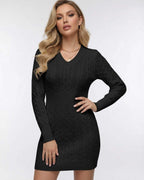 Obsidian Mini Dress by Lauven – Sleek black cable knit V-neck long sleeve dress with elastic waist.