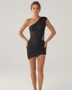 Obsidian Mini Dress by Lauven - Sleek black one-shoulder sheath with asymmetrical hemline and figure-hugging fit.