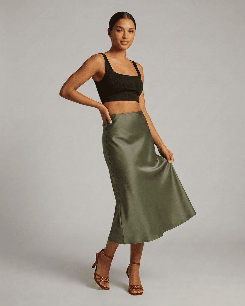 Olivia Midi Skirt by Lauven in sophisticated olive green satin with a smooth silhouette and modern design.
