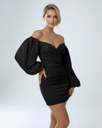 Onyx Mini Dress by Lauven - Off-Shoulder Puff Sleeve Satin Sheath Dress in Black